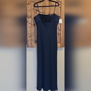 David's Bridal Navy Satin Gorgette Empire Waist Full Length Gown Size 18